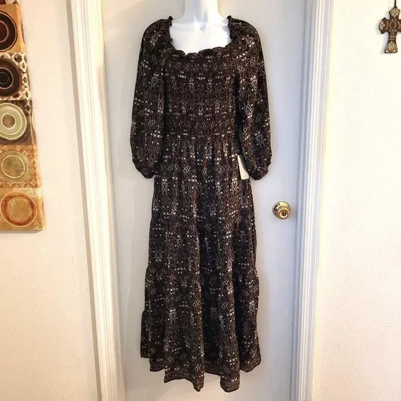 MAX STUDIO Womens Dress Midi Smocked Bodice Crepe Black Wine Size Medium NWT - Picture 1 of 3